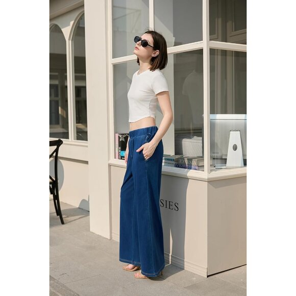 Women’s High Waist Elastic Waist Wide Leg Jeans Casual Trendy Comfort Fit - Picture 4 of 6